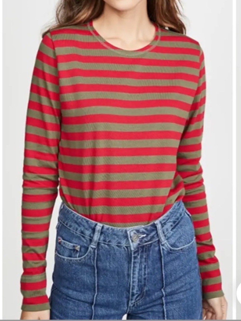 Ganni Olive Green & Red Striped Long Sleeve Top - Size Small